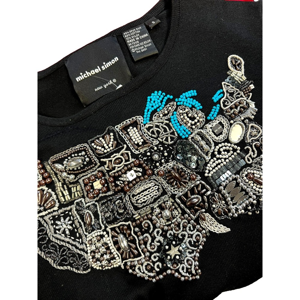 Michael Simon Vintage 2001 Collectable Beaded USA Map Black Spun Silk Top SZ S - Picture 3 of 5